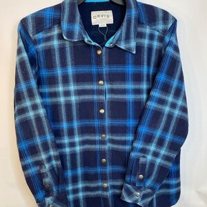 Orvis Shirt Jacket Womens XXL Blue Plaid Shacket Flannel Fleece Snap Up (EV-133)
